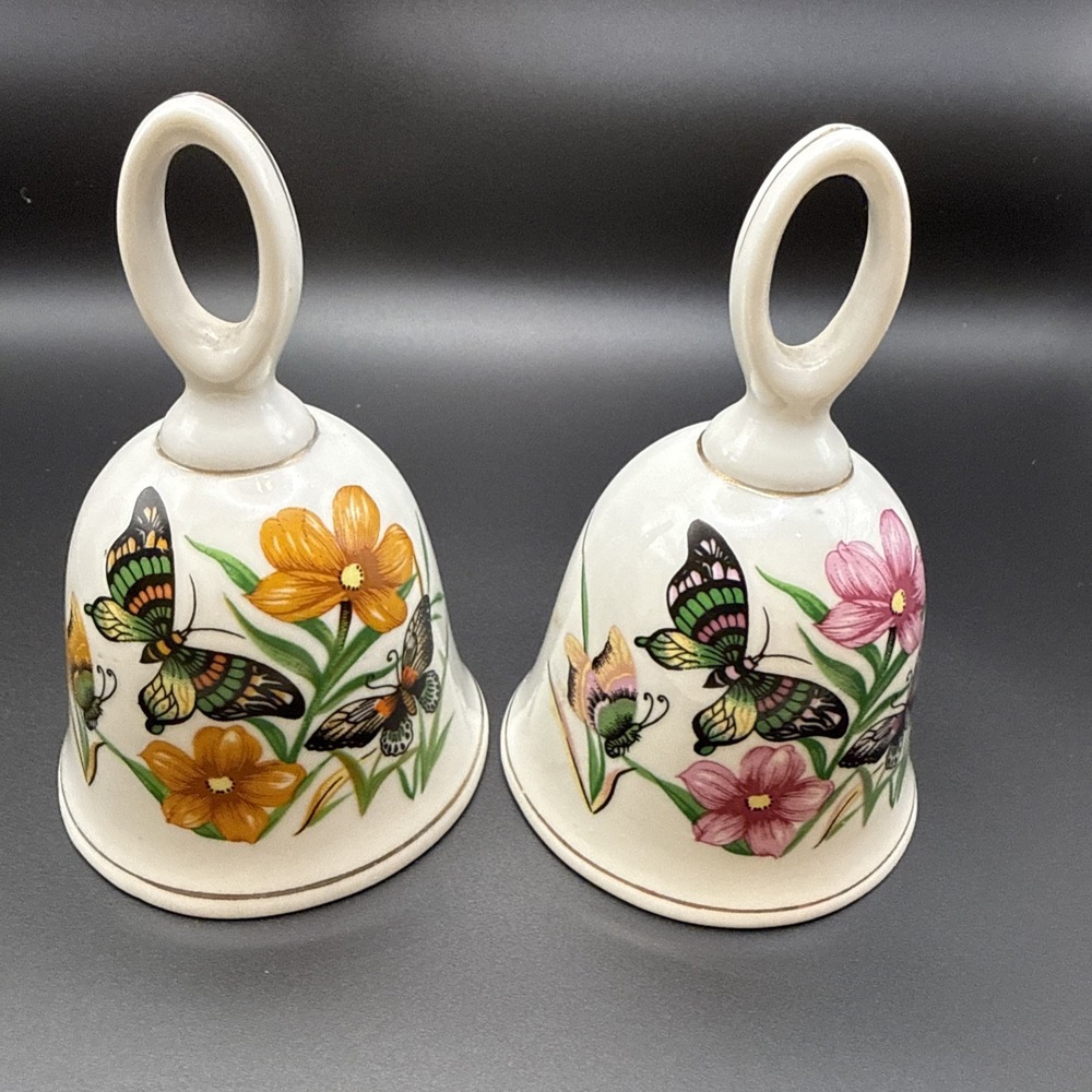 Vintage UCGC Decorative Bell Orange Pink Wild Flowers Butterflies Hand Painted 2